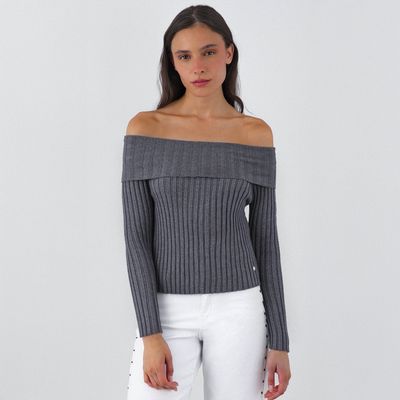 Imagen 2 del producto Polera Tejida Hombros Gris Mujer