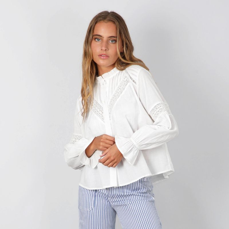 RAINDOOR - Blusa Pliegues Broderie Blanco Mujer Raindoor