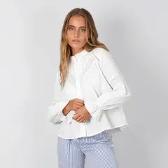 RAINDOOR - Blusa Pliegues Broderie Blanco Mujer