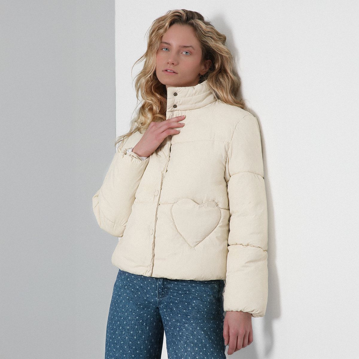 RAINDOOR - Chaqueta Puffa Bolsillo Corazón Beige Mujer Raindoor