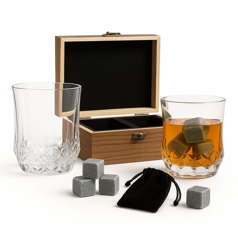 GENERICO - Set de Whisky Premium 2 Vasos de Cristal + Piedras Enfriadoras Reutilizables