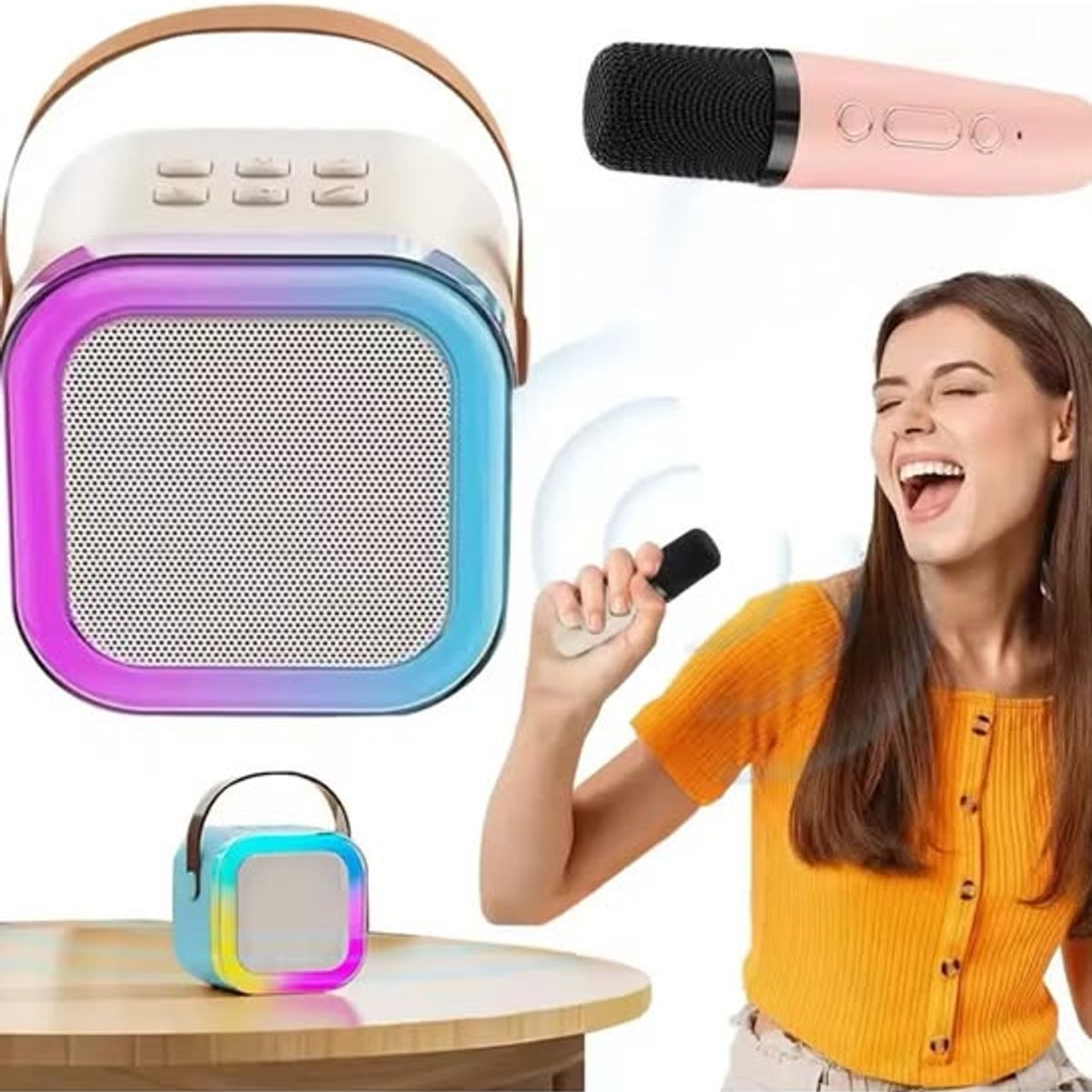 GENERICO - Mini Parlante Karaoke con 2 microfonos inalambricos Bluetooth ROSA