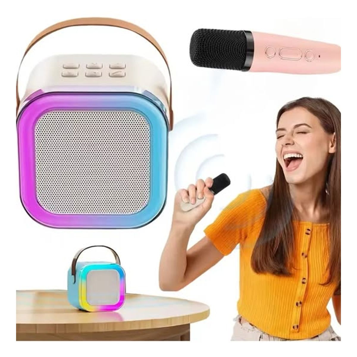 GENERICO - Mini Parlante Karaoke con 2 microfonos inalambricos Bluetooth ROSA