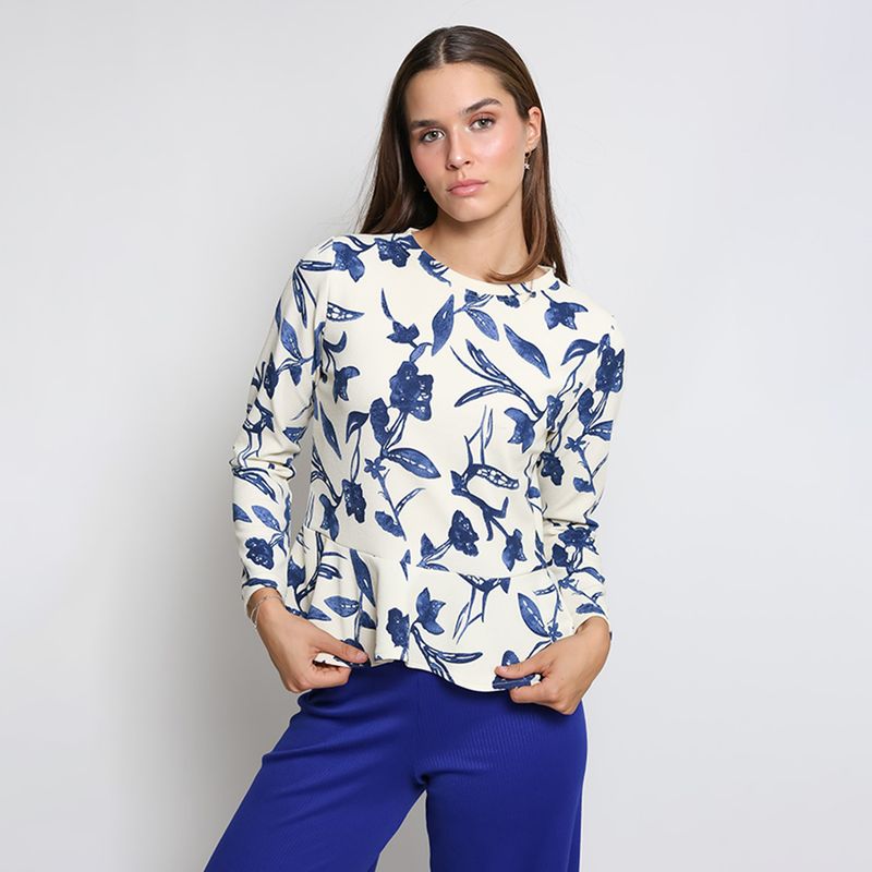 NATALIA SEGUEL - Polera Ana Blanco Flores Azul Natalia Seguel