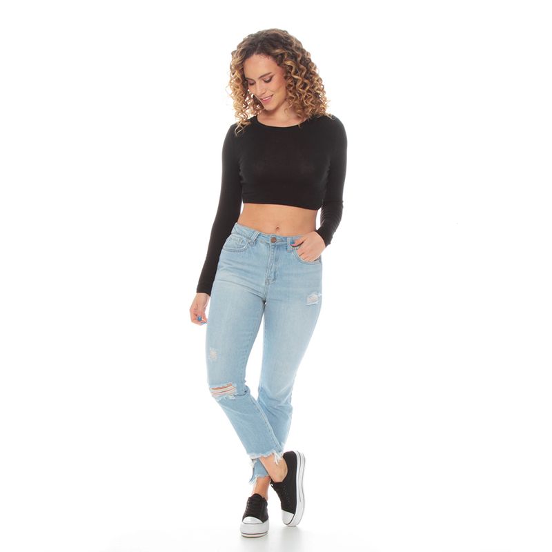 WADOS - JEANS BASICO CROP TIRO ALTO PRETINA BASICA UN BOTON ROTURAS