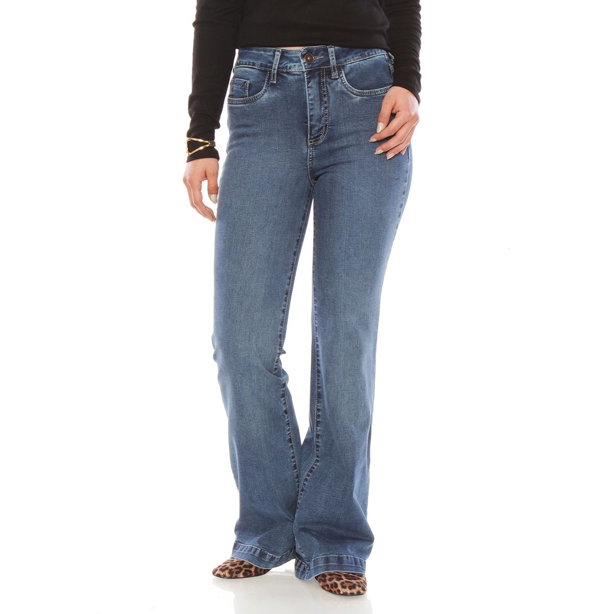 WADOS - JEANS FLARE TIRO ALTO PUSH UP PRETINA BASICA 1 BOTON