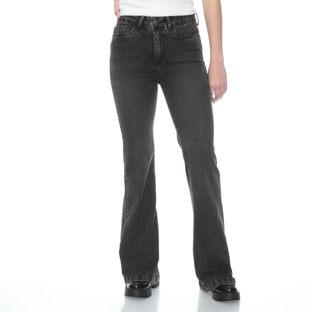 WADOS - JEANS FLARE TIRO ALTO PUSH UP PRETINA BASICA 1 BOTON