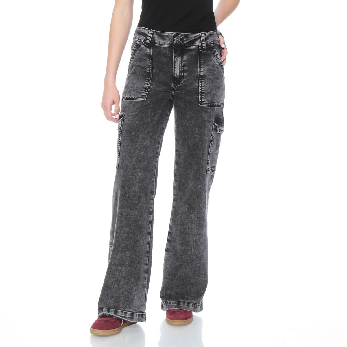 WADOS - JEANS RECTO CARGO TIRO ALTO  PRETINA UN BOTON PUSH UP