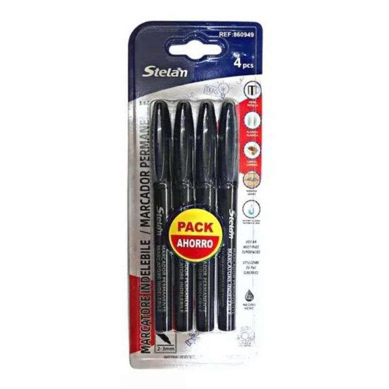 GENERICO - Pack 4 Marcadores Permanentes Punta Fina 2 - 3 mm Color Negro