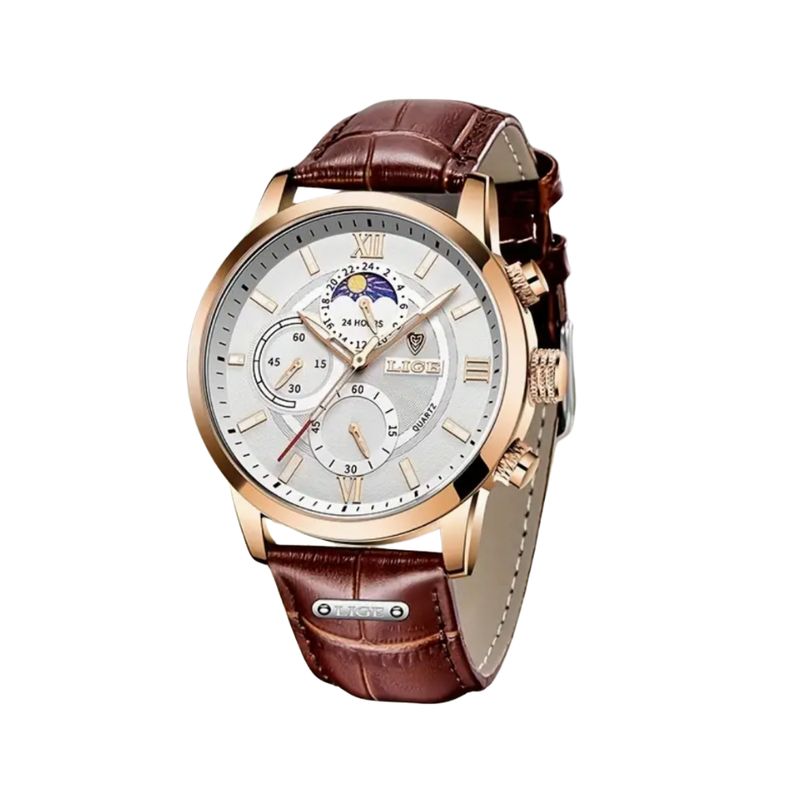 LIGE - Reloj Lige Hombre Dorado con Correa Cafe