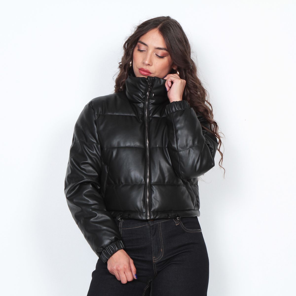 WADOS - PARKA PUFEFER ECO CUERO CROPPED MANGA LARGA CON CINTURA AJUSTABLE