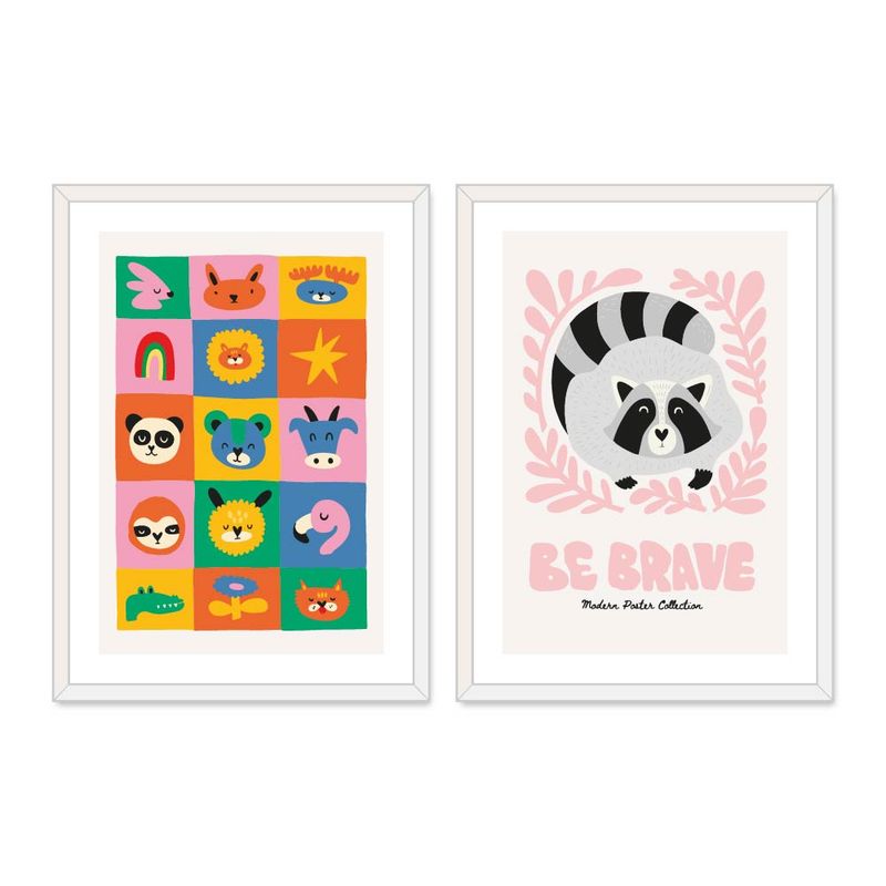 ALCUADRADO - Set Doble Cuadros, Dúo Infantil 1 Mapache, Blanco, 70x50 cm