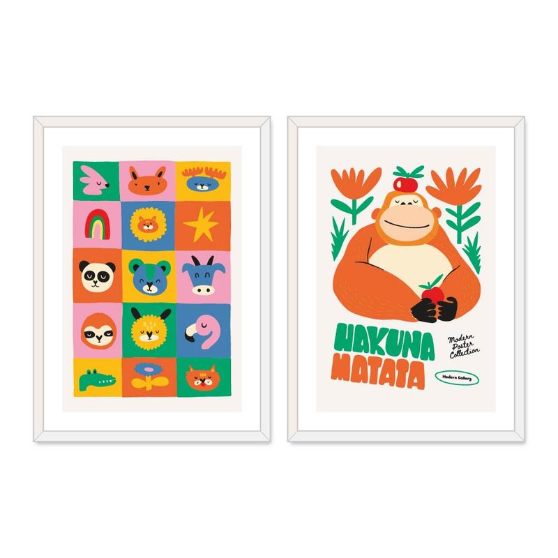 ALCUADRADO - Set Doble Cuadros, Dúo Infantil 3 Orangután, Blanco, 50x40 cm