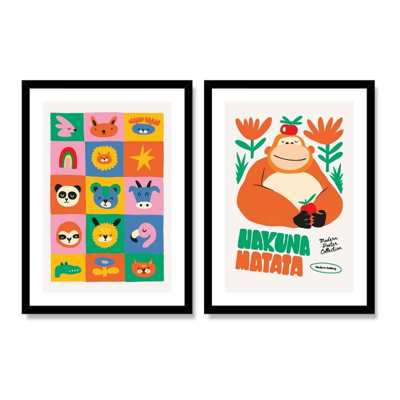 ALCUADRADO - Set Doble Cuadros, Dúo Infantil 3 Orangután, Negro, 70x50 cm