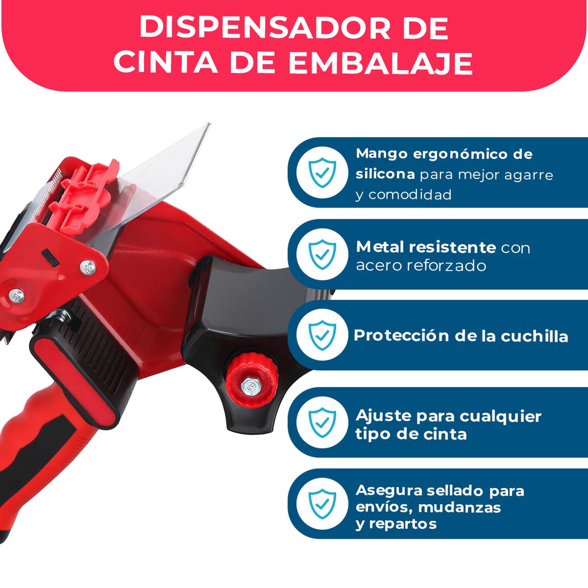 GENERICO - Dispensador Cinta Embalaje Pack Mayorista + 6 Cintas 100m - Rojo