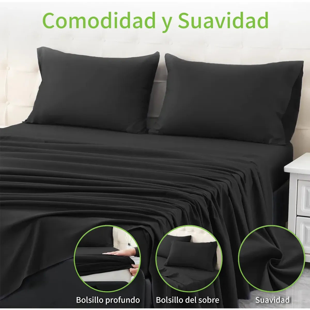 SUPERCENTER - Juego De Sábana 200 Hilos 1.5 Plazas 4 Piezas Negro