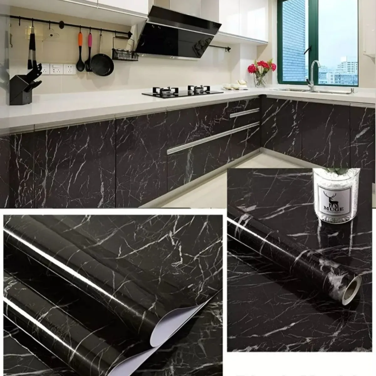 GENERICO - Papel Color Negro Para Pared Papel Mural Pvc Autoadhesivo Mármol 10mts