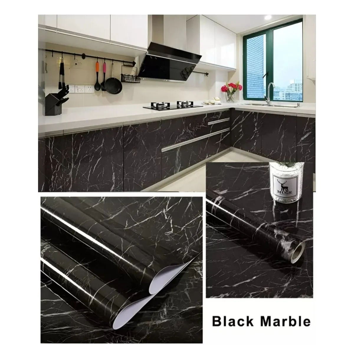 GENERICO - Papel Color Negro Para Pared Papel Mural Pvc Autoadhesivo Mármol 10mts