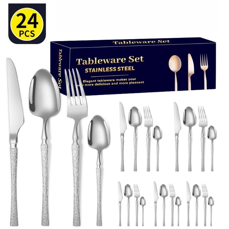 TIOZONEY - Conjunto de cubiertos plateados de 24 piezas