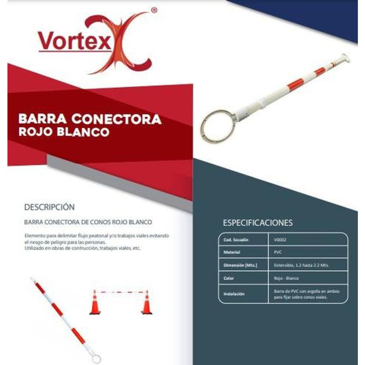 VORTEX - Barra Conectora De Conos Rojo - Blanco - Rojo