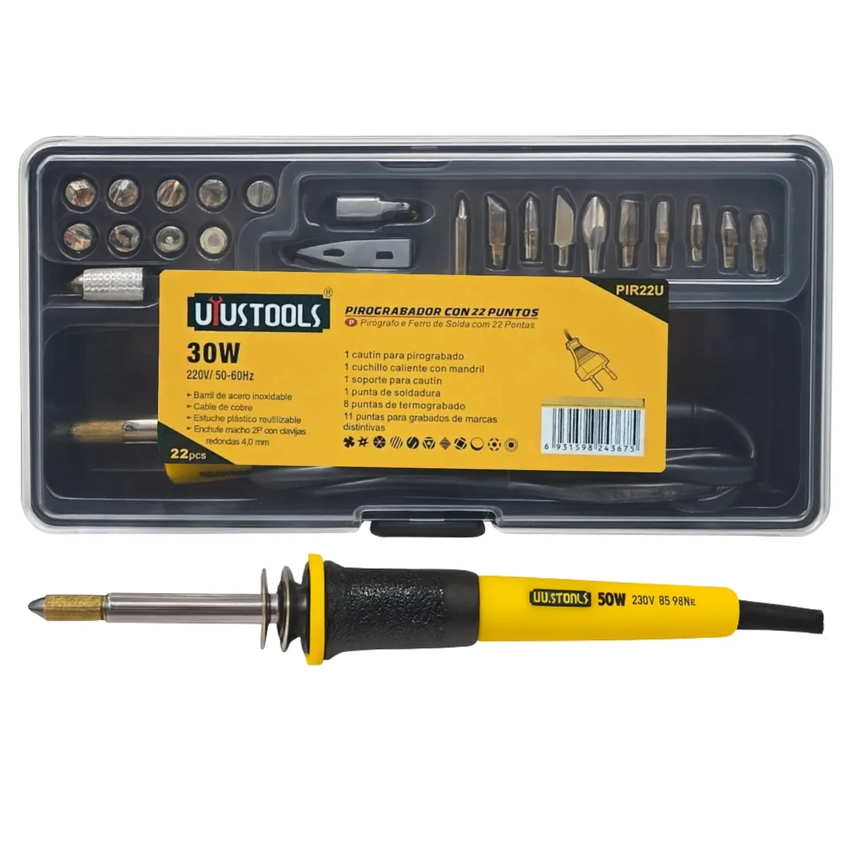 GRUPO UYUSA UYUSTOOLS - Pirograbador Cautín Para Madera Cuero 22 Puntas Uyustools