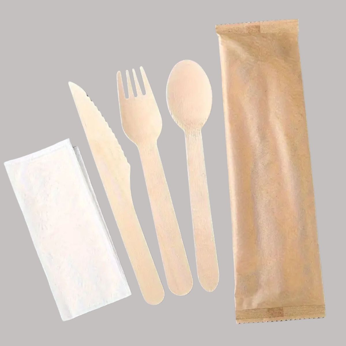 OMNIPACK - Set Tenedor, Cuchillo, Cuchara Madera y Servilleta (100 Unidades)