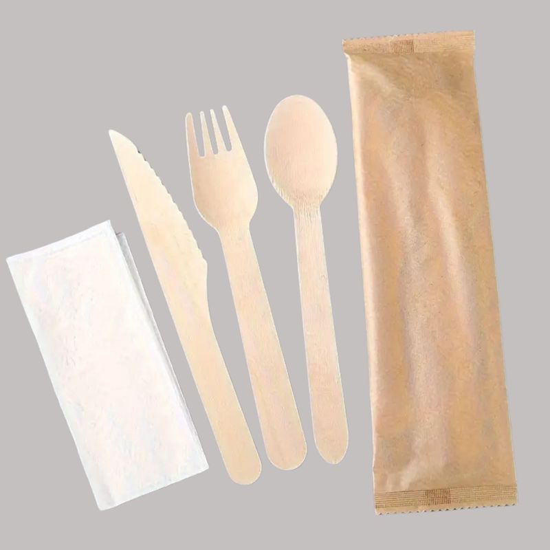 OMNIPACK - Set Tenedor Cuchillo Cuchara Madera Desechable Y Servilleta 100 Un