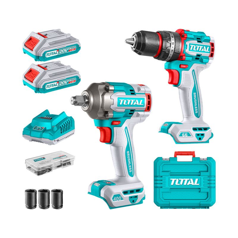 TOTAL TOOLS - Kit Taladro Percutor 66Nm + Llave Impacto 400Nm 20V + Accesorios Total