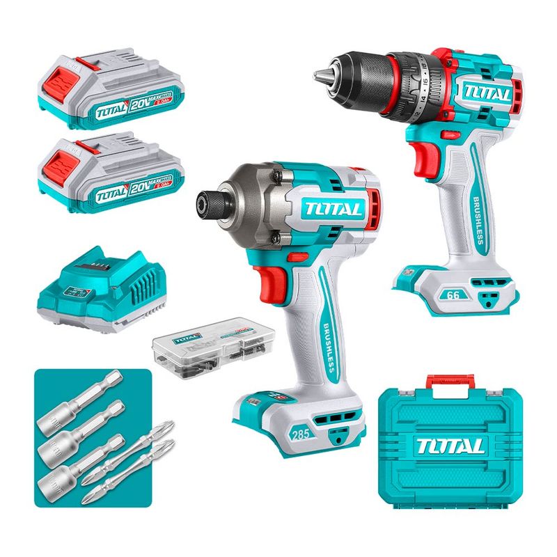 TOTAL TOOLS - Kit Taladro Percutor 66Nm + Atornillador de Impacto 285Nm 20V.