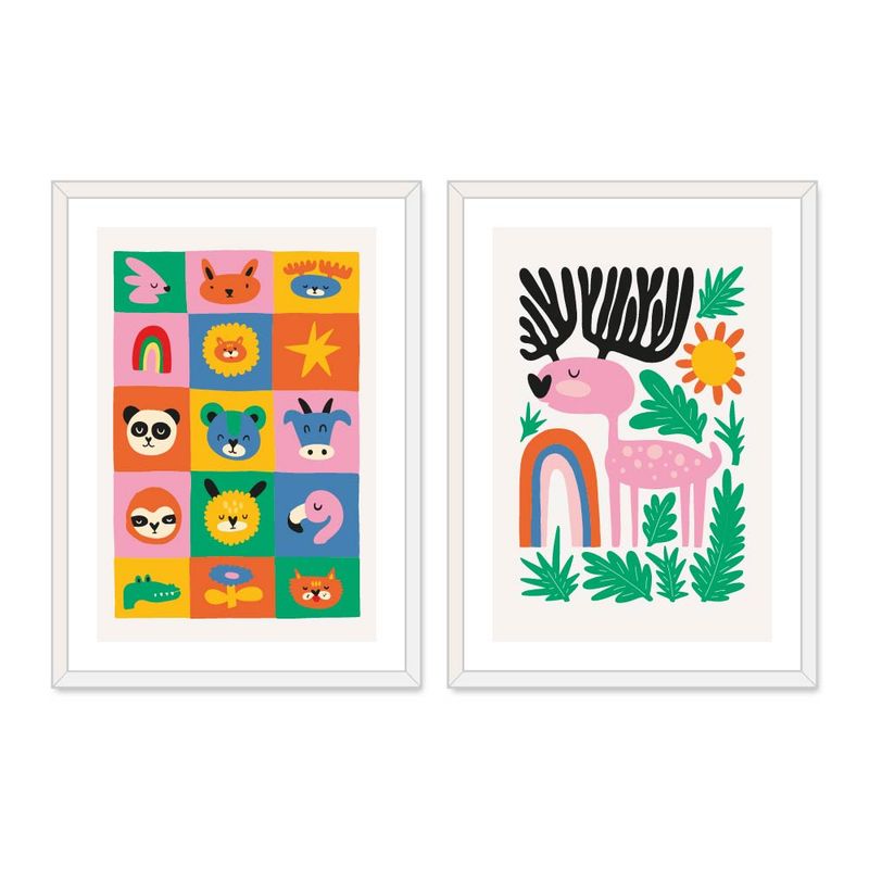 ALCUADRADO - Set Doble Cuadros, Dúo Infantil 5 Ciervo, Blanco, 70x50 cm