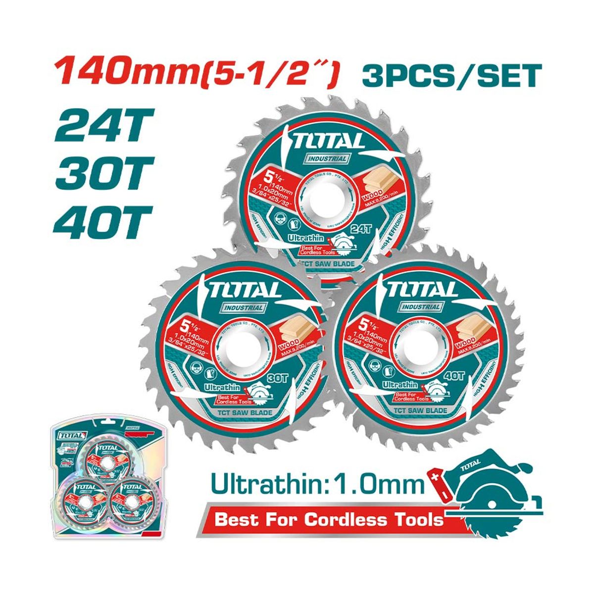 TOTAL TOOLS - Set 3 Discos de Sierra 140mm Ultra Finas