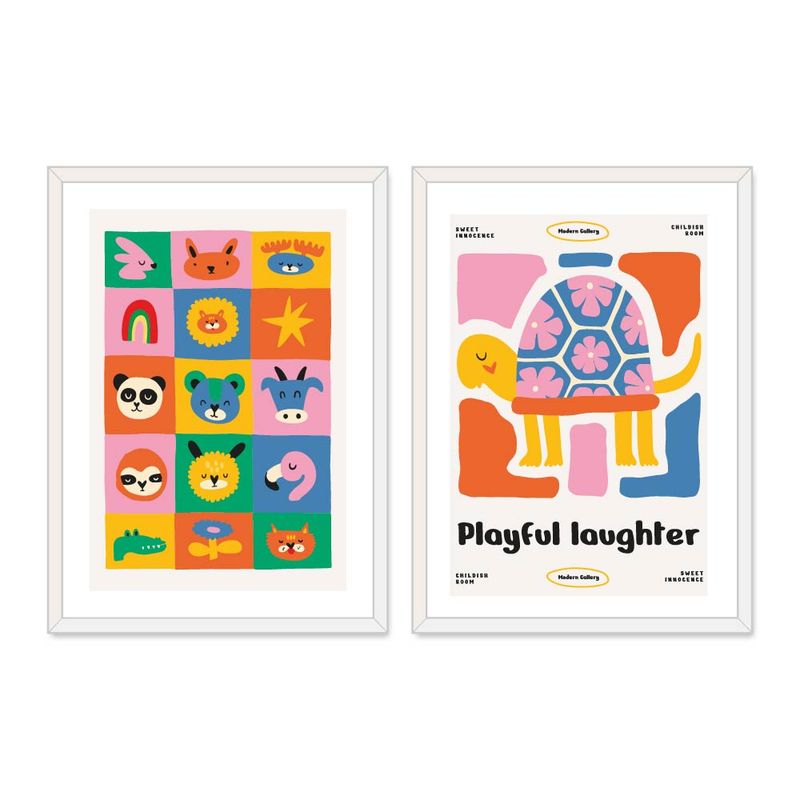 ALCUADRADO - Set Doble Cuadros, Dúo infantil 8 Tortuga, Blanco, 50x40 cm