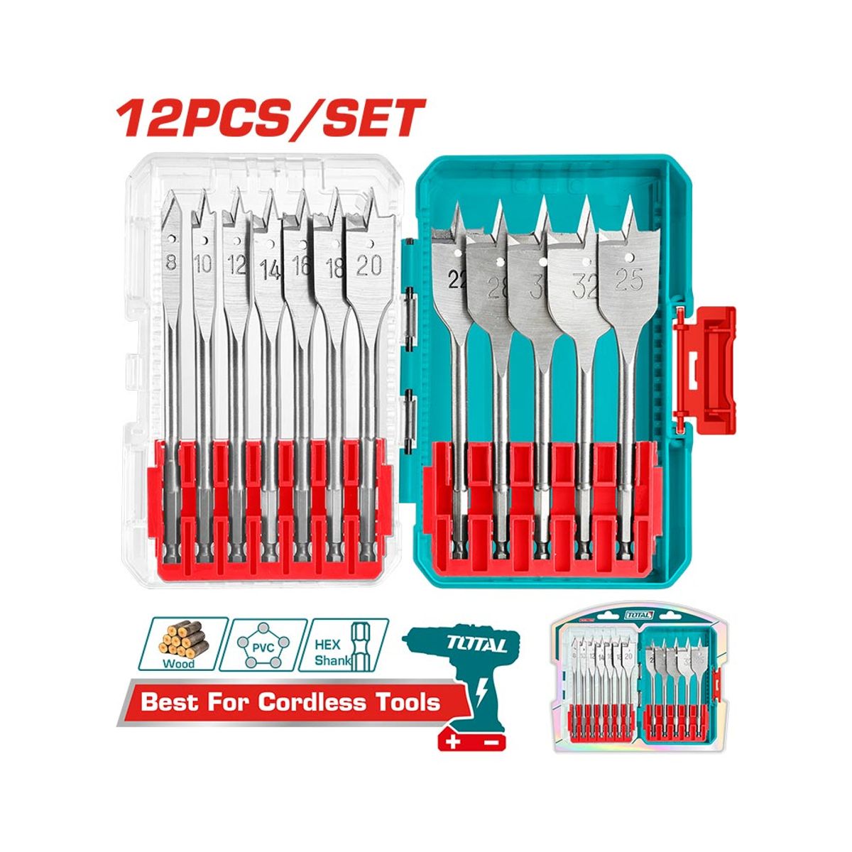 TOTAL TOOLS - Set 12 piezas Brocas Planas para Madera