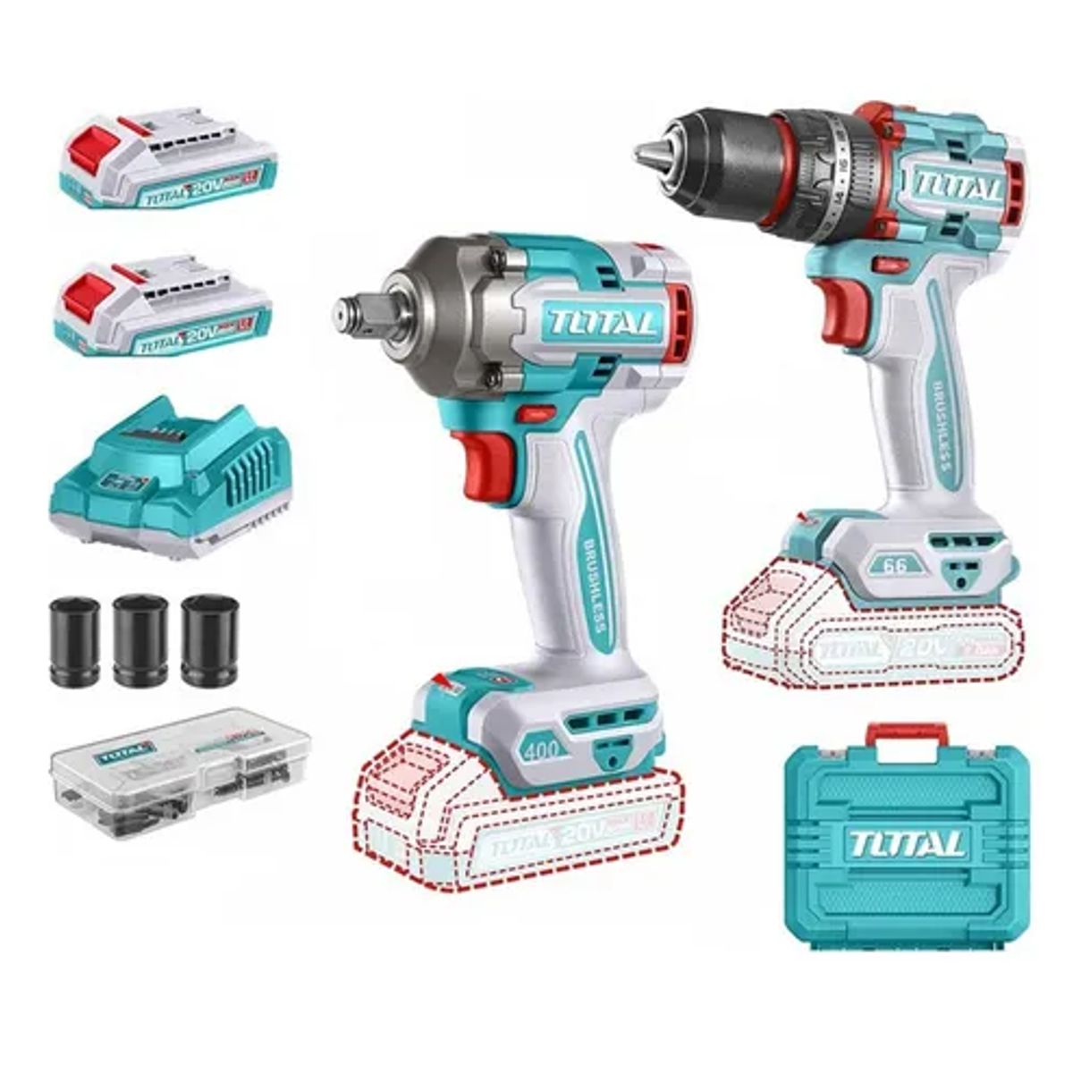 TOTAL TOOLS - Kit Llave Impacto 400nm + Taladro 20v Carg+ 2bat Total