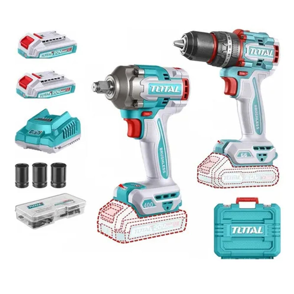 TOTAL TOOLS - Kit Llave Impacto 400nm + Taladro 20v Carg+ 2bat Total