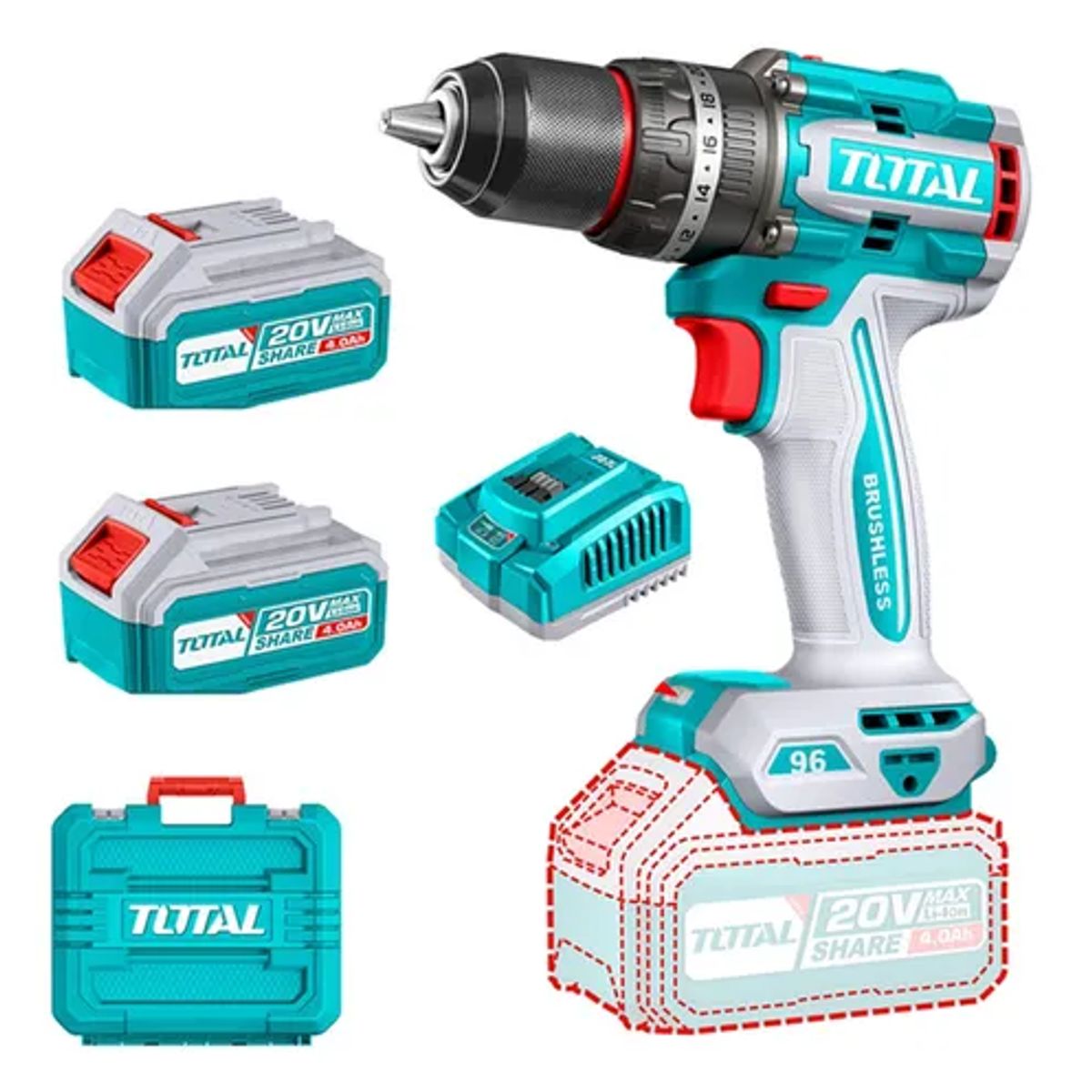 TOTAL TOOLS - Taladro Atornillador Percutor 20v 2bat+carg Total Tidli20968