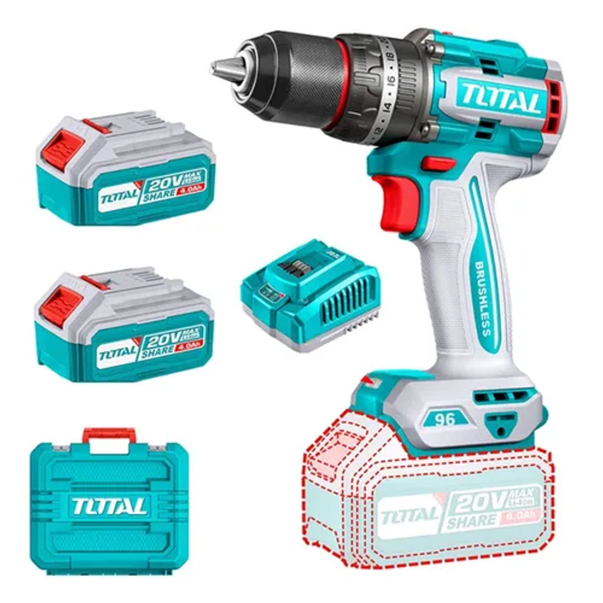 TOTAL TOOLS - Taladro Atornillador Percutor 20v 2bat+carg Total Tidli20968