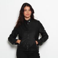 CHAQUETA MANGA LARGA CUERO ECOLOGICO CUELLO MAO Y CIERRES