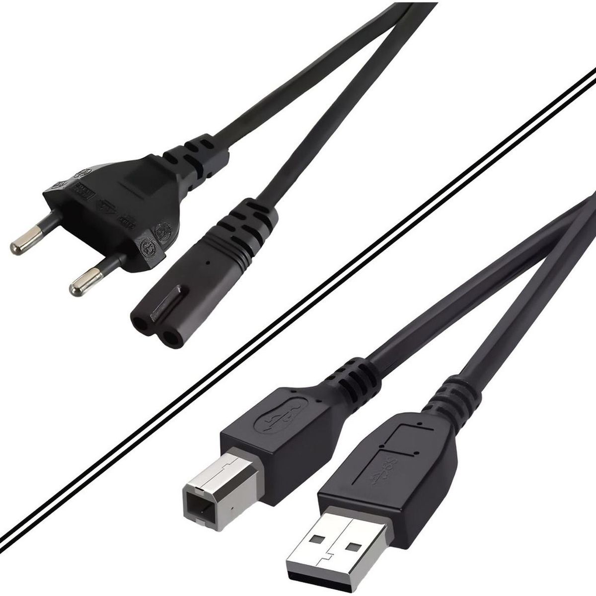 GEN - Set Cable Poder Tipo 8 Y Usb Impresora Para Hp Canon Epson - Negro