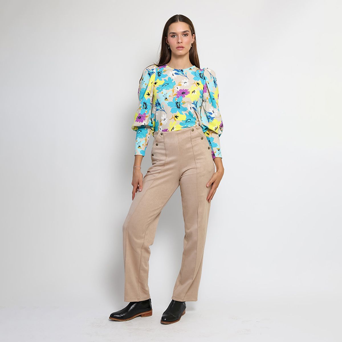 NATALIA SEGUEL - Polera Abril Flores Amarillas Celeste Natalia Seguel