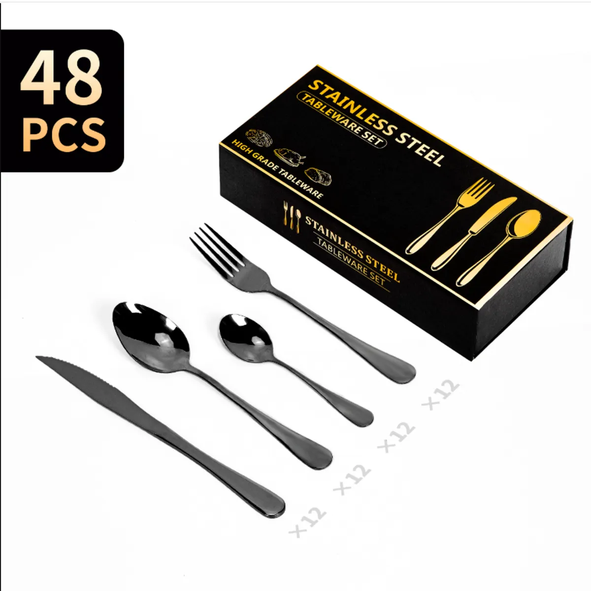 CHEFCHOICE - Set Cuchillería 48 Piezas Cubiertos Acero Inoxidable Negro