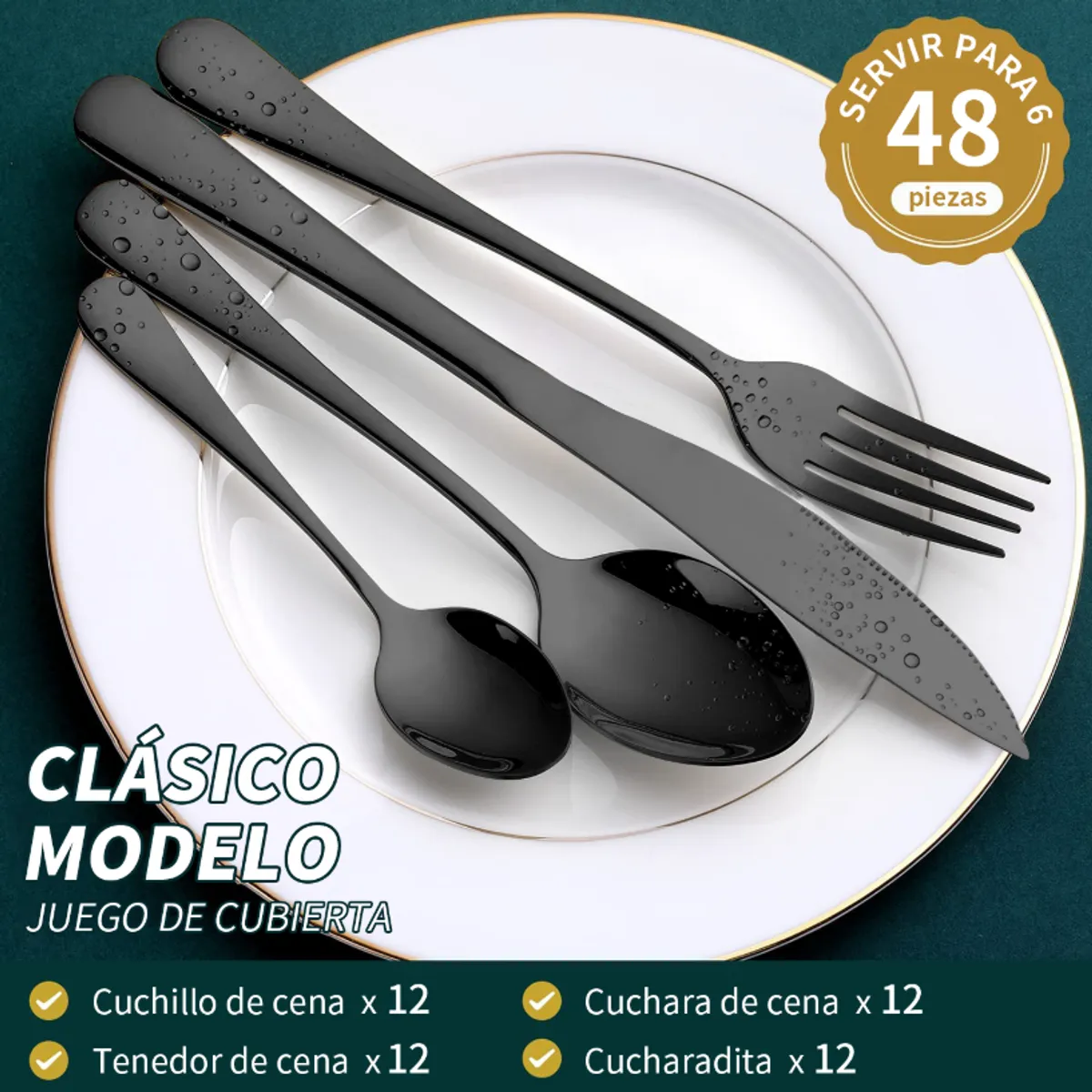 CHEFCHOICE - Set Cuchillería 48 Piezas Cubiertos Acero Inoxidable Negro