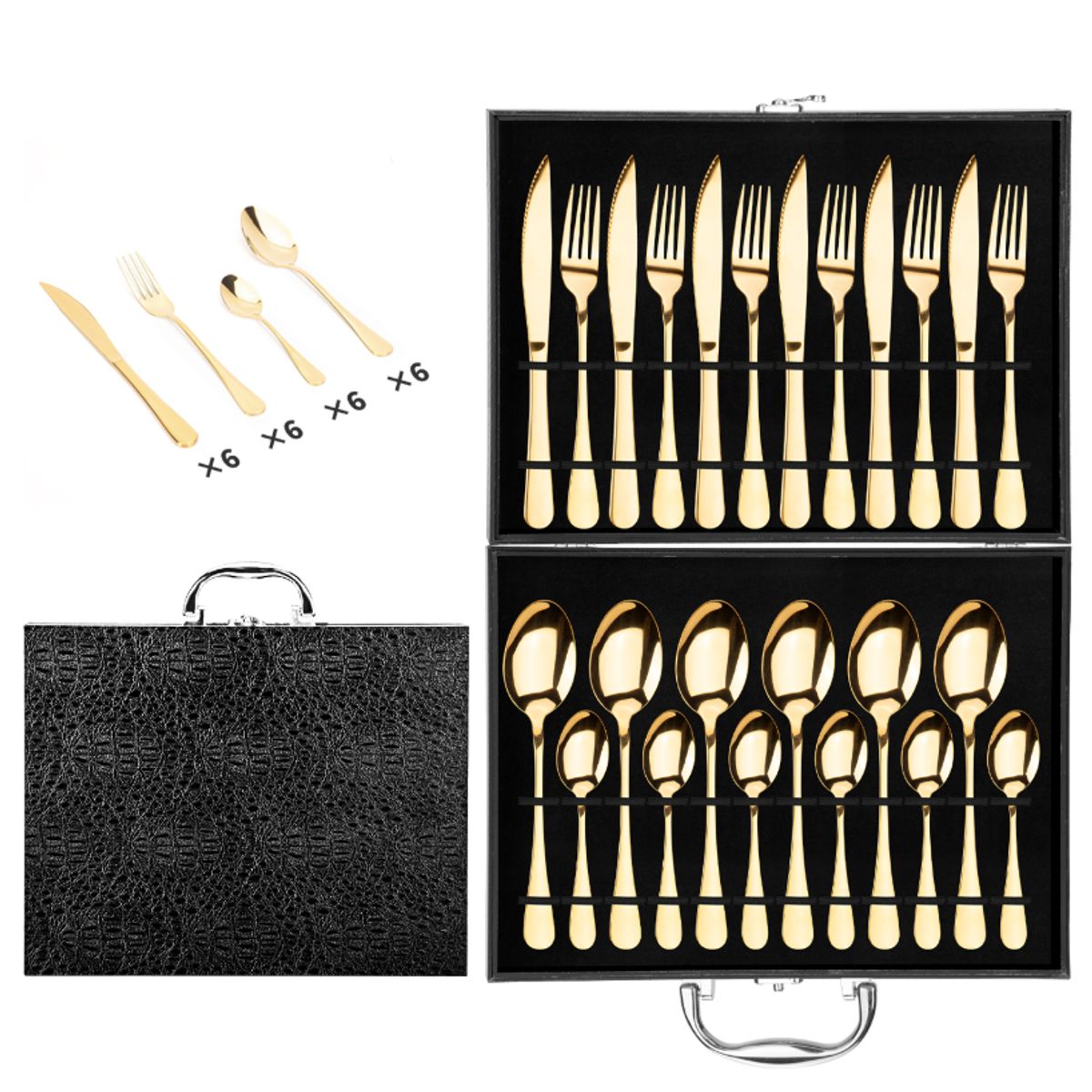 CHEFCHOICE - Set Cuchillería 24Piezas Cubiertos Acero Inoxidable Con Maletin Dorado