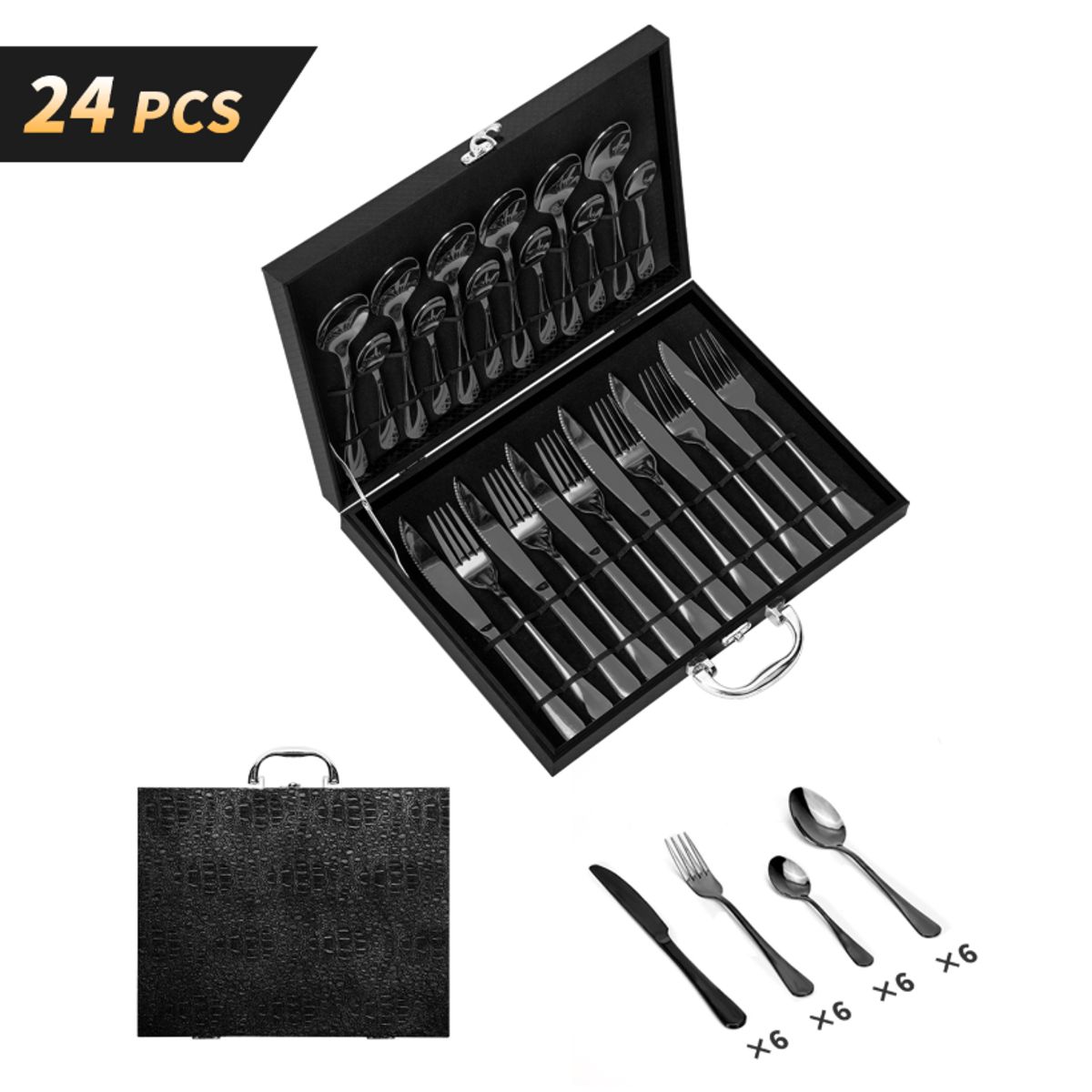 CHEFCHOICE - Set Cuchillería 24Piezas Cubiertos Acero Inoxidable Con Maletin Negro