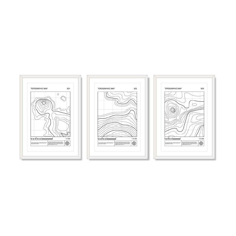 ALCUADRADO - Set Triple Cuadros Topographic Map Blanco 50x40 cm