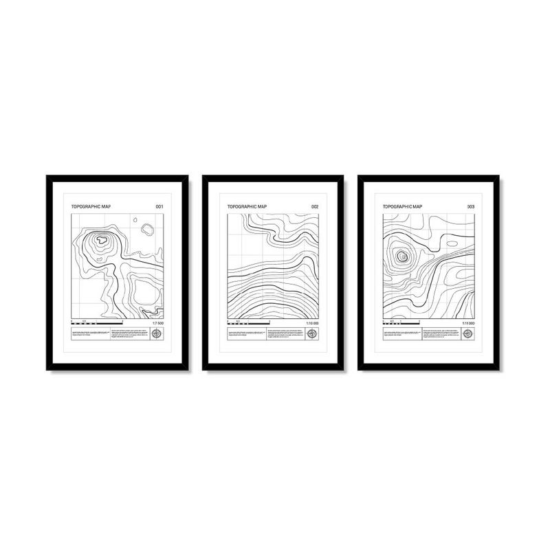 ALCUADRADO - Set Triple Cuadros Topographic Map Negro 70x50 cm
