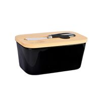 Mantequillero Cerámica Tapa Bamboo + Cuchillo 600 ml - Negro