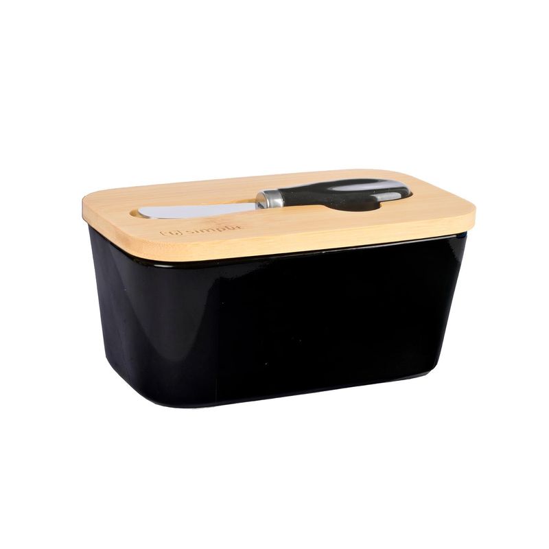 SIMPLIT - Mantequillero Cerámica Tapa Bamboo + Cuchillo 600 ml Simplit - Negro