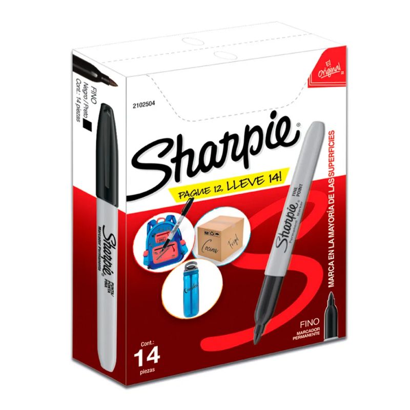 SHARPIE - Marcador Permanente Sharpie Punta Fina Negro Caja X12+2