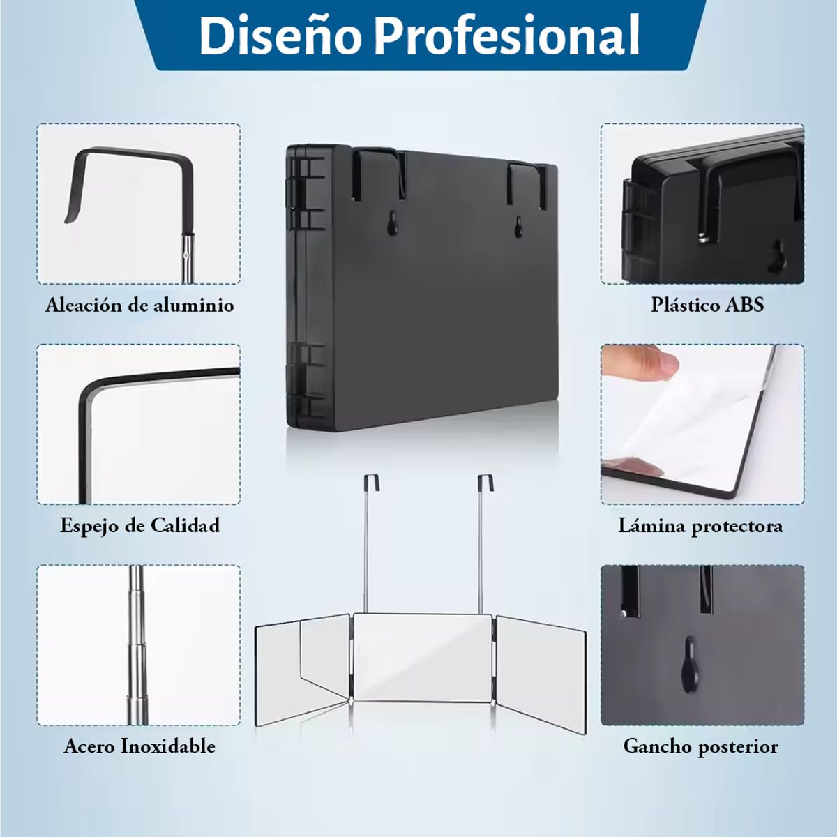 GENERICO - ESPEJO TRIPLE - TRIFOLD 360° CON GANCHOS AJUSTABLES